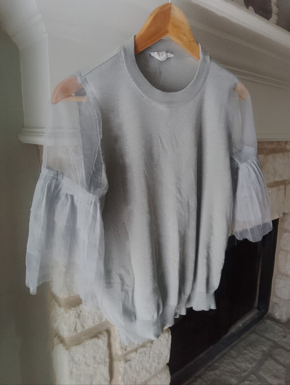 THML MED Sheer Sleeve Knit Top - Light Gray Whimsigoth Darkcore